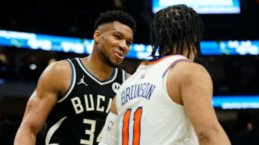 Soon in a team? Giannis Antetokounmpo (left) and Jalen Brunson (right).
