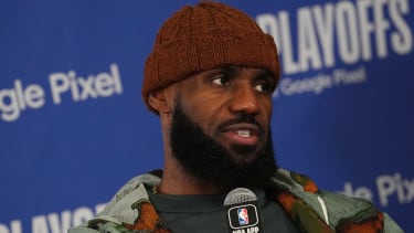 DENVER, CO - APRIL 22: LeBron James #23 of the Los Angeles Lakers talks to the media after the game against the Denver Nuggets on April 22, 2024 at the Ball Arena in Denver, Colorado. NOTE TO USER: User expressly acknowledges and agrees that, by downloading and/or using this Photograph, user is consenting to the terms and conditions of the Getty Images License Agreement. Mandatory Copyright Notice: Copyright 2024 NBAE (Photo by Bart Young/NBAE via Getty Images)