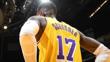 LOS ANGELES, CA - JUNE 3: Dennis Schroder #17 of the Los Angeles Lakers looks on during Round 1, Game 6 of the 2021 NBA Playoffs on June 3, 2021 at STAPLES Center in Los Angeles, California. NOTE TO USER: User expressly acknowledges and agrees that, by downloading and/or using this Photograph, user is consenting to the terms and conditions of the Getty Images License Agreement. Mandatory Copyright Notice: Copyright 2021 NBAE (Photo by Andrew D. Bernstein/NBAE via Getty Images)