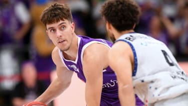 Zachary Ensminger (BG Goettingen #1) (am Ball), Elias Baggette (Hakro Merlins Crailsheim #4) (R) ,

GER, BG Goettingen - Hakro Merlins Crailsheim, Basketball, Bundesliga BBL, Saison 2023-2024, 3. Spieltag, 07.10.2023.

Foto: Eibner-Pressefoto - Roland Sippel