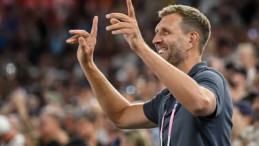 Dirk Nowitzki gestures, cheer during the Men™s Basketball Quarterfinal match between Germany and Greece on Day 11 of the Olympic Games, Olympische Spiele, Olympia, OS Paris 2024 at Bercy Arena on August 6, 2024 in Paris, France.