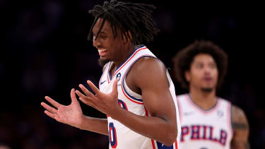 NEW YORK, NEW YORK - APRIL 30: Tyrese Maxey #0 of the Philadelphia 76ers reacts during the second half against the New York Knicks at Madison Square Garden on April 30, 2024 in New York City. The Philadelphia 76ers defeated the New York Knicks 112-106 in overtime. NOTE TO USER: User expressly acknowledges and agrees that, by downloading and or using this photograph, User is consenting to the terms and conditions of the Getty Images License Agreement. (Photo by Elsa/Getty Images)