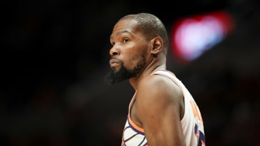 Phoenix Suns forward Kevin Durant (35) looks on during an NBA basketball game against the Portland Trail Blazers Monday, Feb. 3, 2025, in Portland, Ore. (AP Photo/Amanda Loman)