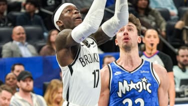 Orlando, Florida, USA, March 13, 2024, Brookyn Nets guard Dennis Schroder #17 attempt to make a basket at the Kia Center. (Photo by Marty Jean-Louis/Sipa USA)