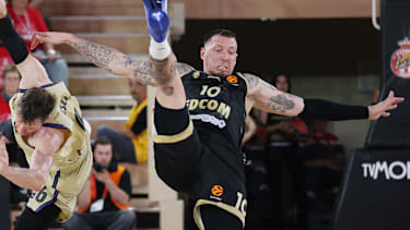 MONTE CARLO, FRANCE - APRIL 24: Daniel Theis, #10 of AS Monaco and Jan Vesely, #6 of FC Barcelona in action during the EuroLeague Play-in C match between AS Monaco vs FC Barcelona at Salle Gaston Medecin on April 24, 2026 in Monte Carlo, France. (Photo by Alfonso Cannavacciuolo/Euroleague Basketball via Getty Images)