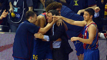 Pesic gewann 2003 die EuroLeague mit dem FC Barcelona um Sarunas Jasikevicius (l.) Varejao und Juan Carlos Navarro (r.).