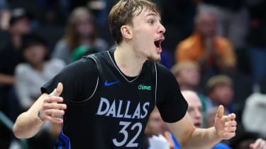 Nov 16, 2025; Dallas, Texas, USA; Dallas Mavericks forward Cooper Flagg (32) reacts during the second half against the Portland Trail Blazers at American Airlines Center. Mandatory Credit: Kevin Jairaj-Imagn Images