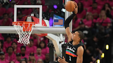 Apr 19, 2026; San Antonio, Texas, USA; San Antonio Spurs forward Victor Wembanyama (1) goes up to dunk during the second half of game one of the first round of the 2026 NBA Playoffs against the Portland Trail Blazers at Frost Bank Center. Mandatory Credit: Scott Wachter-Imagn Images