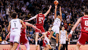 BONN, GERMANY - MARCH 01: Jack Kayil (Germany, 2) shoots the ball, stepback over David Skara (Croatia, 24) during the FIBA World Cup Qualifier match between Germany vs. Croatia at Telekom Dome Bonn on the first round of group E of the FIBA World Cup Qualifiers on March 01, 2026 in Bonn, Germany. North Rhine Westphalia Germany Copyright: xSteffiexWunderlx