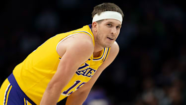 Oct 29, 2025; Minneapolis, Minnesota, USA; Los Angeles Lakers guard Austin Reaves (15) looks on against the Minnesota Timberwolves in the first half at Target Center. Mandatory Credit: Jesse Johnson-Imagn Images