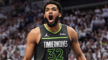Minnesota Timberwolves center Karl-Anthony Towns shouts at a referee during the second half of Game 5 of the Western Conference finals in the NBA basketball playoffs against the Dallas Mavericks, Thursday, May 30, 2024, in Minneapolis. (AP Photo/Abbie Parr)