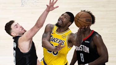 April 18, 2026, Los Angeles, California, United States: Los Angeles Lakers™ Marcus Smart (36) goes to the basket under pressure from Houston Rockets™ Alperen Sengun (28) during Game 1 of a first-round NBA, Basketball Herren, USA playoff series at Crypto.com Arena. NBA Playoff 2026: Lakers 107:98 Rockets. Los Angeles United States - ZUMAs197 20260418_aaa_s197_555 Copyright: xRingoxChiux