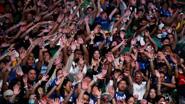 Fans react during the FIBA Basketball World Cup group A match between Philippines and Dominican Republic at Philippine Arena in Bocaue on August 25, 2023. (Photo by JAM STA ROSA / AFP) (Photo by JAM STA ROSA/AFP via Getty Images)