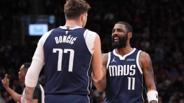 February 28, 2024, Toronto, On, CAN: Dallas Mavericks Kyrie Irving and Luka Doncic react during their team s win over the Toronto Raptors in NBA, Basketball Herren, USA basketball action in Toronto on Wednesday, February 28, 2024. Kyrie Irving; Luka Doncic PUBLICATIONxINxGERxSUIxAUTxONLY - ZUMAc35_ 20240228_zaf_c35_130 Copyright: xChrisxYoungx
