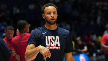 ©Laurent Lairys/MAXPPP - Stephen curry Team Usa Usa during the International Friendly basketball match between USA and South Sudan on 20 July 2024 at O2 Arena in London, England - Photo Laurent Lairys / MAXPPP