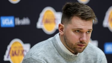 EL SEGUNDO, CALIFORNIA - FEBRUARY 04: Luka Doncic of the Los Angeles Lakers looks on during a press conference at UCLA Health Training Center on February 04, 2025 in El Segundo, California. (Photo by Harry How/Getty Images)