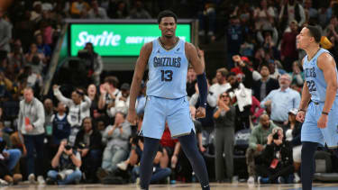 Memphis Grizzlies forward Jaren Jackson Jr. (13) reacts in the second half of an NBA basketball game against the Phoenix Suns Tuesday, Feb. 25, 2025, in Memphis, Tenn. (AP Photo/Brandon Dill)
