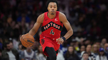 Toronto Raptors' Scottie Barnes plays during an NBA basketball game Saturday, Nov. 8, 2025, in Philadelphia. (AP Photo/Matt Slocum)