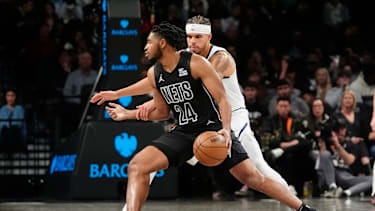 Oct 29, 2024; Brooklyn, New York, USA; Brooklyn Nets small guard Cam Thomas (24) dribbles the ball against Denver Nuggets small forward Michael Porter Jr. (1) during the first half at Barclays Center. Mandatory Credit: Gregory Fisher-Imagn Images
