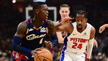 May 11, 2026; Cleveland, Ohio, USA; Cleveland Cavaliers guard Dennis Schroder (8) drives to the basket against Detroit Pistons guard Daniss Jenkins (24) during the second half of game four in the second round of the 2026 NBA Playoffs at Rocket Arena. Mandatory Credit: Ken Blaze-Imagn Images