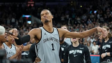 Mar 19, 2026; San Antonio, Texas, USA; San Antonio Spurs forward Victor Wembanyama (1) celebrates after the game against the Phoenix Suns at Frost Bank Center. Mandatory Credit: Daniel Dunn-Imagn Images