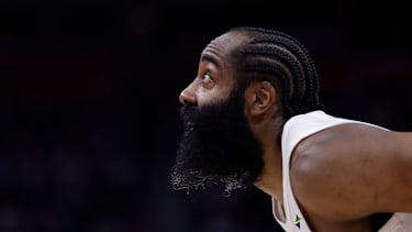 May 17, 2026; Detroit, Michigan, USA; Cleveland Cavaliers guard James Harden (1) looks for a rebound in the second half against the Detroit Pistons during game seven of the second round of the 2026 NBA Playoffs at Little Caesars Arena. Mandatory Credit: Rick Osentoski-Imagn Images