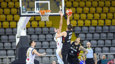 David Kramer of Germany shoots the ball. Cyprus plays against Germany for Group E of the FIBA Basketball World Cup European Qualifiers at Spyros Kyprianou Arena in Limassol, Cyprus, on December 1, 2025. (Photo by Kostas Pikoulas/NurPhoto)